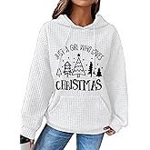 Wudlads Womens Christmas Graphic Hoodies Just A Girl Who Loves Christmas Letter Print Sweatshirt Casual Waffle Pullover Tops
