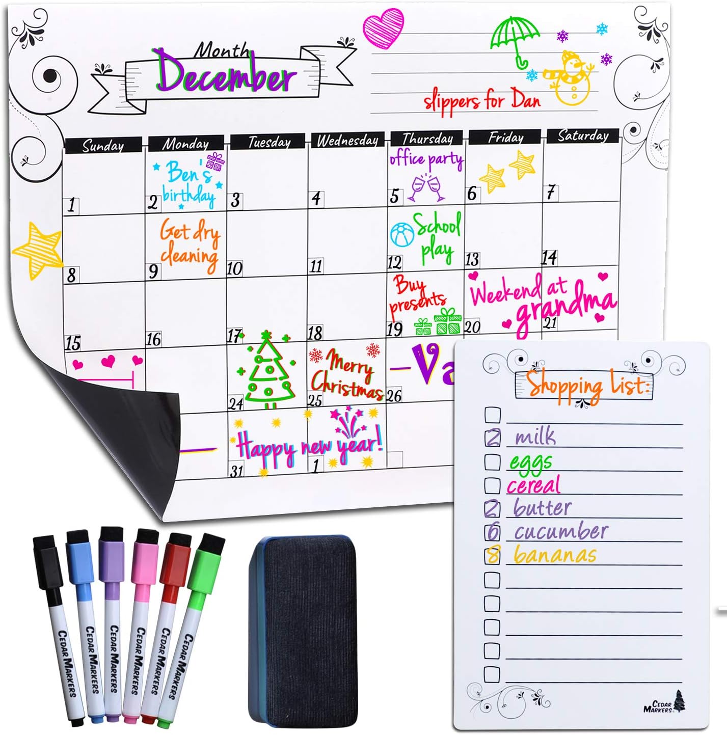 Cedar Markers 16"x12" Magnetic Calendar for Refrigerator and Magnetic Grocery List for Fridge with Free Dry Erase Markers. Dry Erase Calendar for Monthly Planning Whiteboard Calendar (White)
