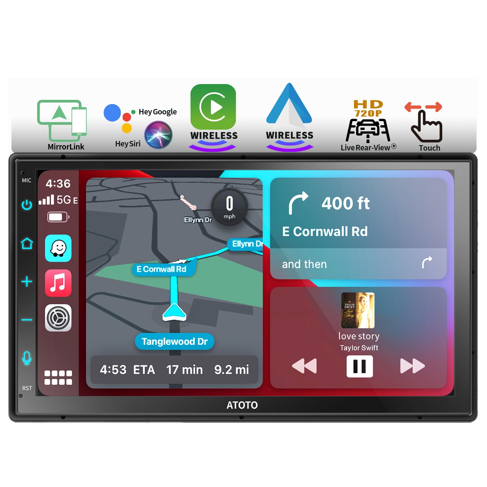 ATOTO F7WE 7inch Touchscreen Double DIN Car Stereo, Wireless CarPlay & Wireless Android Auto, in-Dash Video Receivers, Bluetooth, MirrorLink, HD LRV, Voice Control, F7G2B7WE