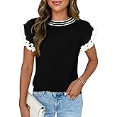 Saodimallsu Womens Ruffle Short Sleeve Sweaters Casual Crew Neck Color Block Loose Knit Summer Trendy Pullover Tops