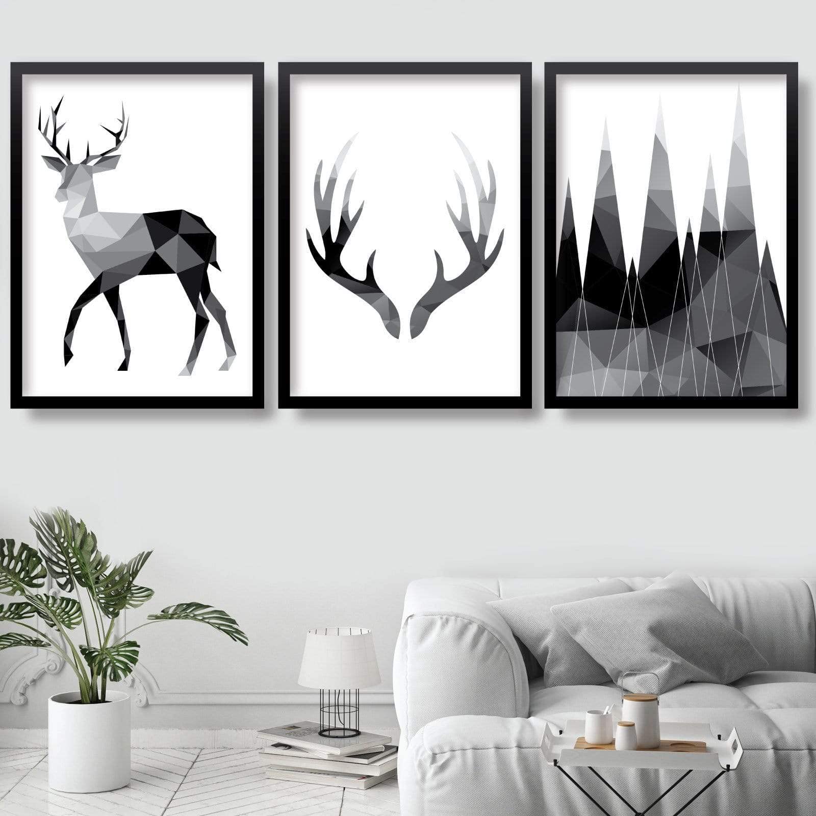 Artze Wall Art Geometric Monochrome Stag Antlers and Mountains Art Prints 3-Piece Set, 40 cm Width x 50 cm Height, Black/Grey