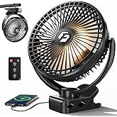 FRIZCOL 12000mAh 8 Inch Portable Clip On Fan Rechargeable, Battery Operated Desk Fan, Camping Fans with lights and Remote, USB Fans Sturdy Clamp for Golf Cart Desk Office Stroller Bedroom Tent