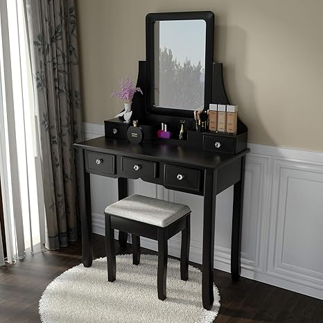 A wide range of available colours in our catalogue: allewie black vanity desk with cushioned stool dressing table vanity makeup table with mirror 5 sliding drawers removable makeup organizer