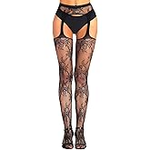 Confonze Women's High Waist Fishnet Tights Suspenders Pantyhose Thigh High Stockings Black