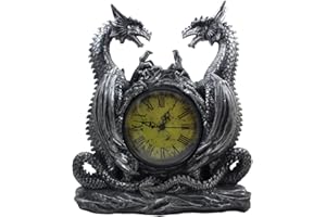HOME 'N GIFTS Mythical Dragon Duo Desk Clock in Metallic Look and Antique Face with Roman Numerals for Desktop, Shelf & Mantle As Gothic Medieval Decor Or Decorative Office Gifts
