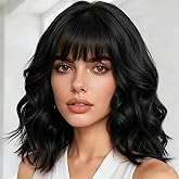 andromeda Black Wavy Wig with Bangs Soft Short Bob Wigs for Women Synthetic Shoulder Length Women's Curly Wigs for Costumes Cosplay Daily (Black)