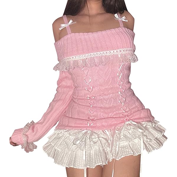 Women Pink Off Shoulder Top Y2K Long Sleeve Lace Trim Knit Shirt