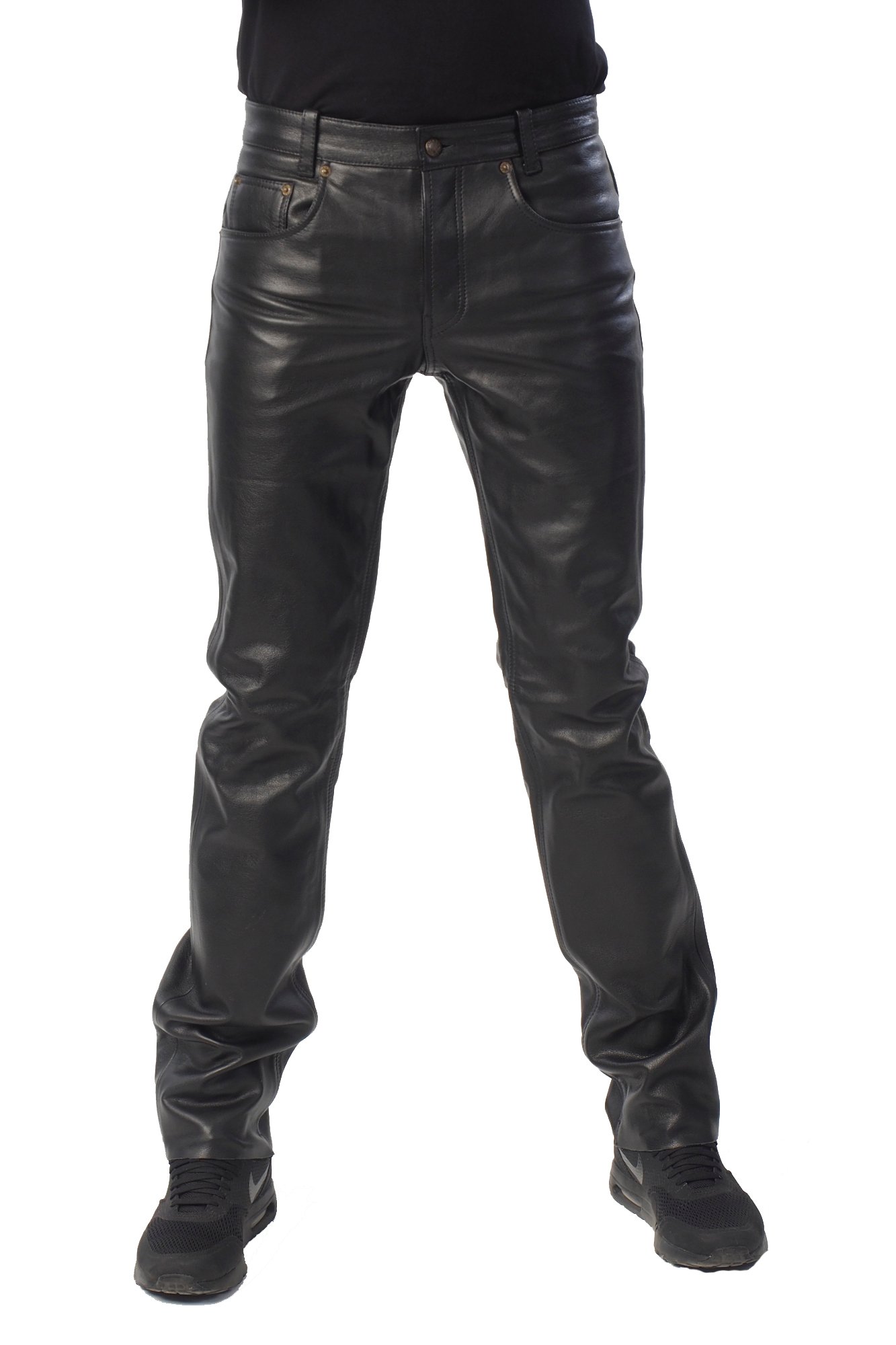 Bohmberg Men's Leather Jeans Motorcycle Biker Trousers Cowhide Leather - Black
