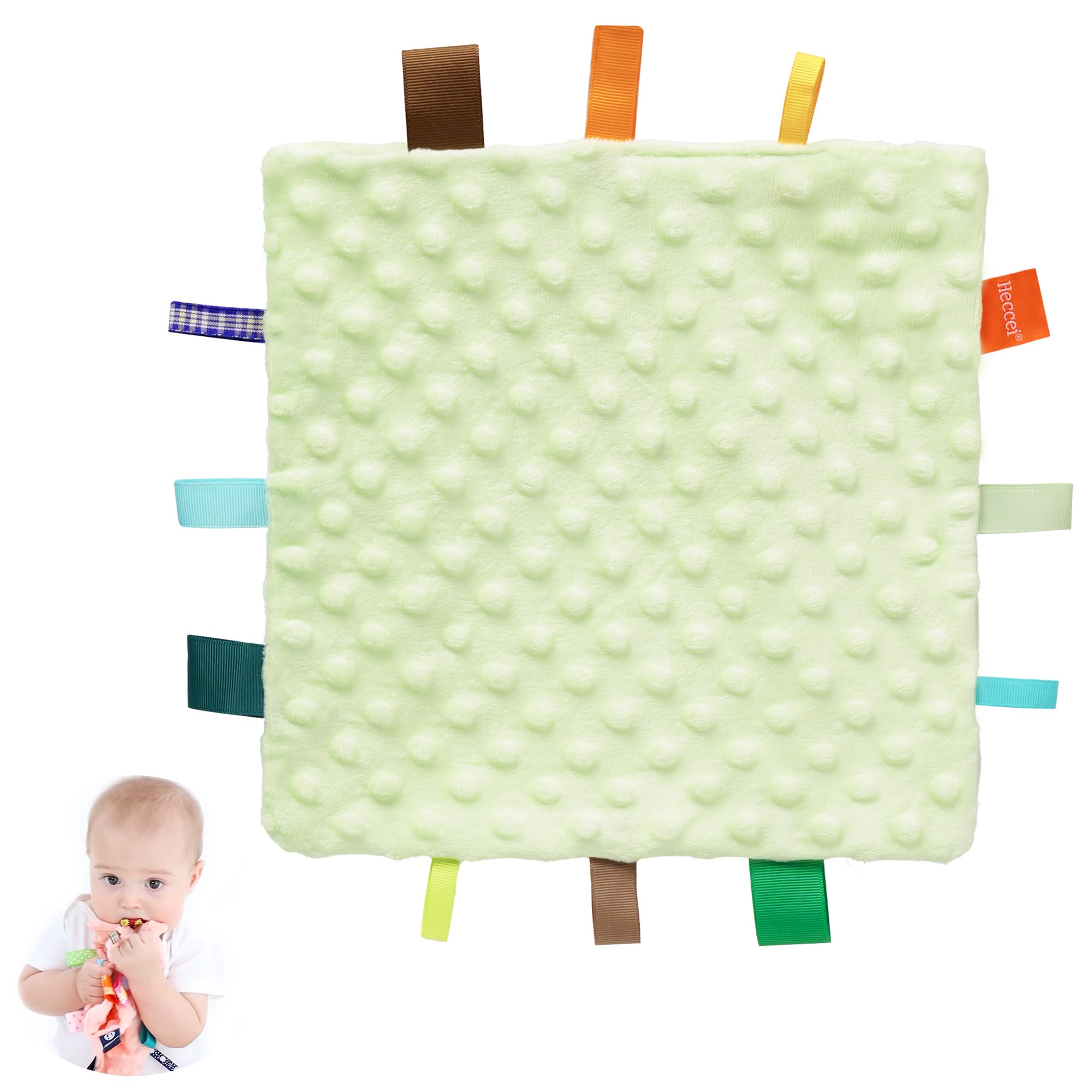 HECCEI Baby Security Blanket with Colorful Satin Tags, Baby Comforter Infant Appease Blankets taggy, Taggies Blanktes - 10 x 10 inches Square Blanket for 3+ Months Babies Boys/Girls