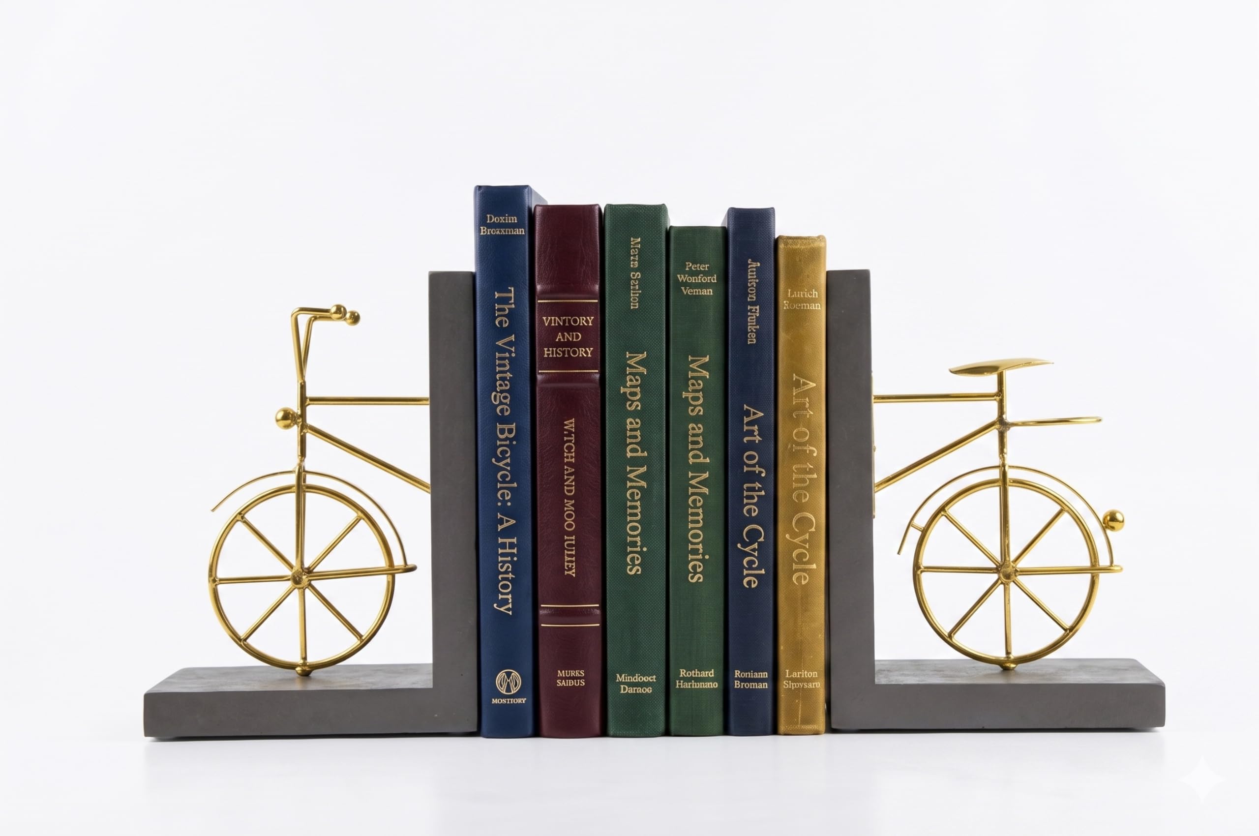 Spiretro Bicycle Bookend Supports, Decorative Book Stoppers with Non-Skid Bottom, Handcrafted Distressed Wood & Metal Book Stand, Display for Bookshelf Office Desktop, 1-Pair, Golden & Brown
