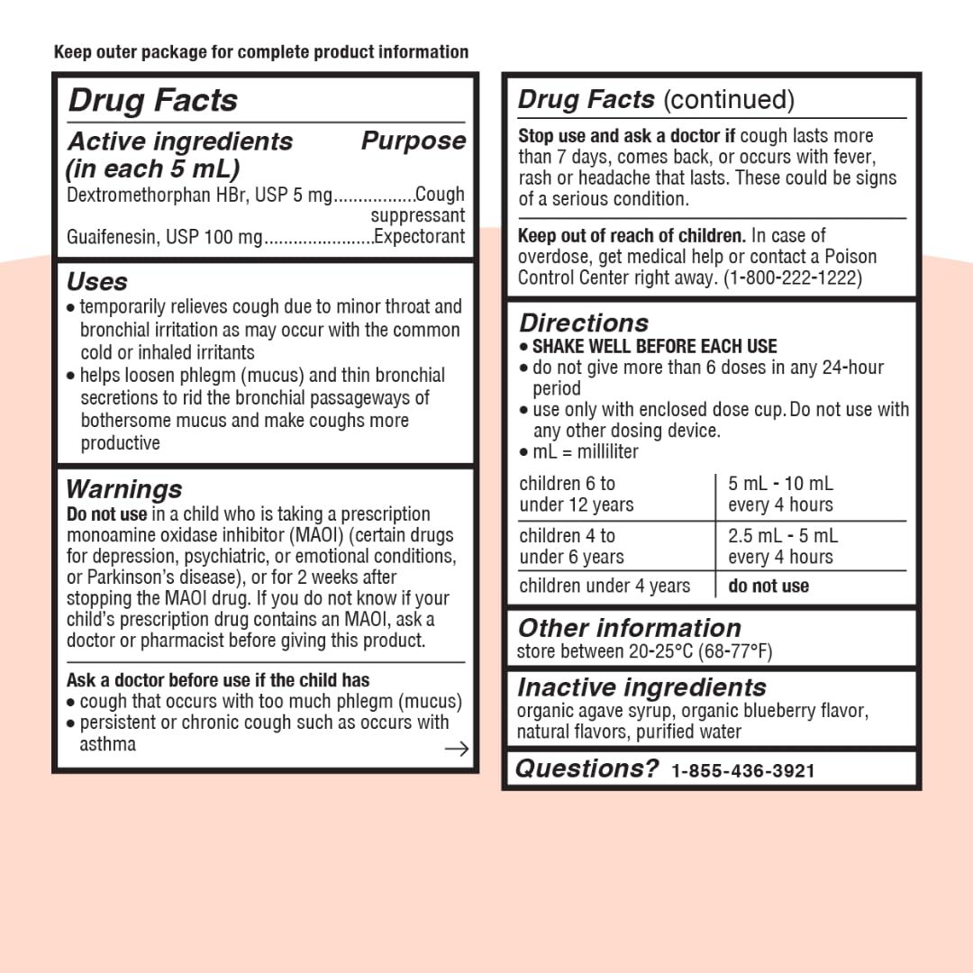 Genexa Kids’ Clean Cough & Chest Congestion Medicine, Dye Free, 0% Artificial Additives, Multi-Symptom Cough Syrup for Kids 4-11, Cough Suppressant & Expectorant, Organic Blueberry Flavor, 4 fl oz