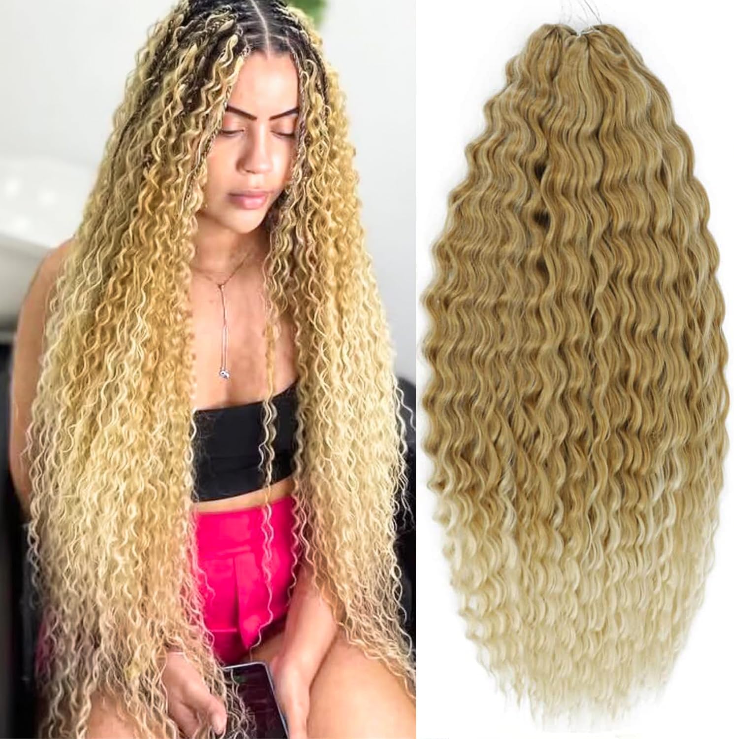 PORSMEER 3 Packs 22inch Long Deep Wave Curly Blonde to Light Blonde Crochet Hair Water Wave Twist Braiding Hair Extension Synthetic Ocean Wavy Hair Bundles for women