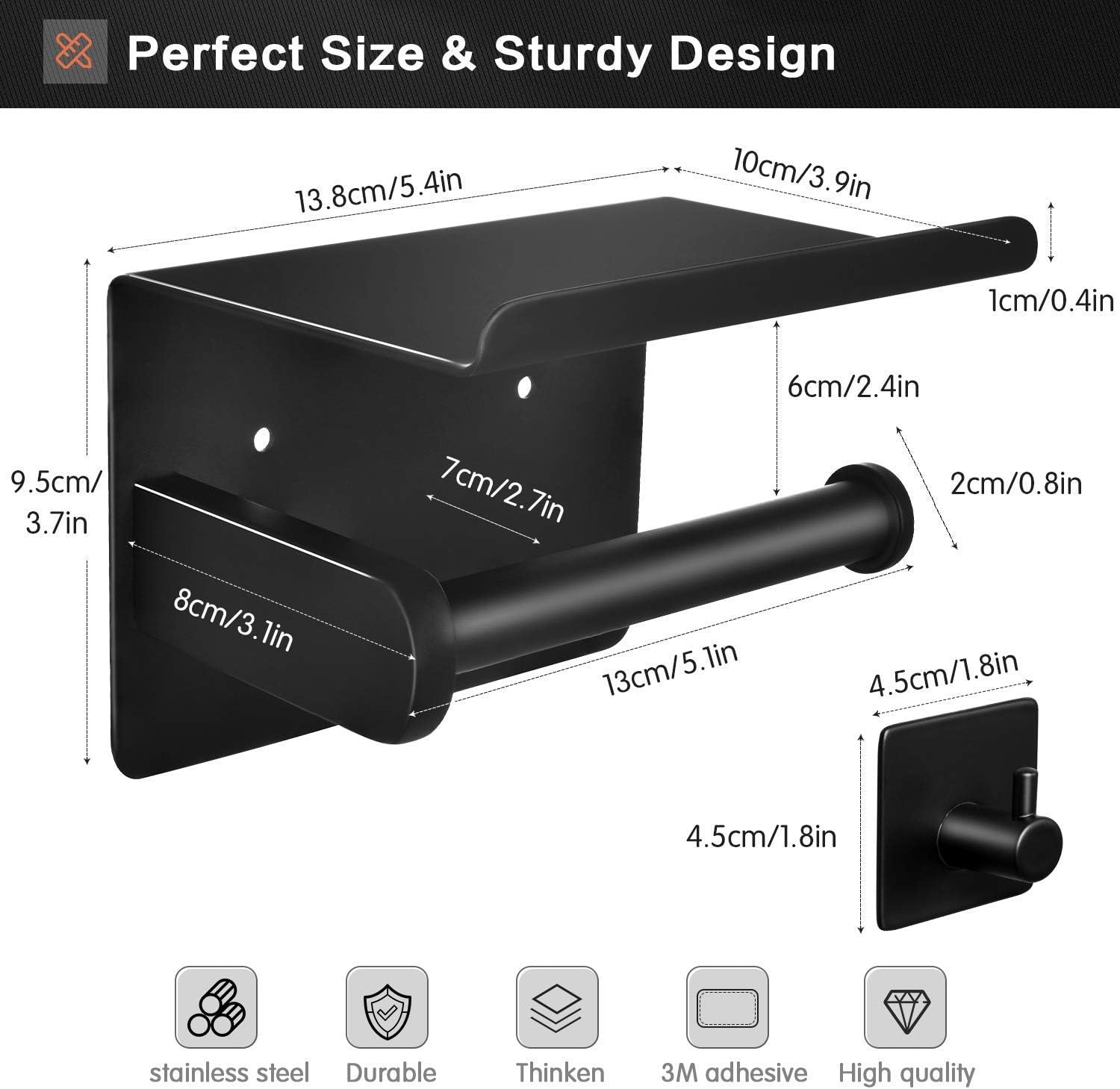 Tindbea Toilet Paper Holder with Shelf + Towel Robe Hooks, Adhesive or Screw Wall Mounted Toilet Paper Roll Holder, Stainless Steel Bathroom Hardware Set (Matte Black): Kitchen & Dining