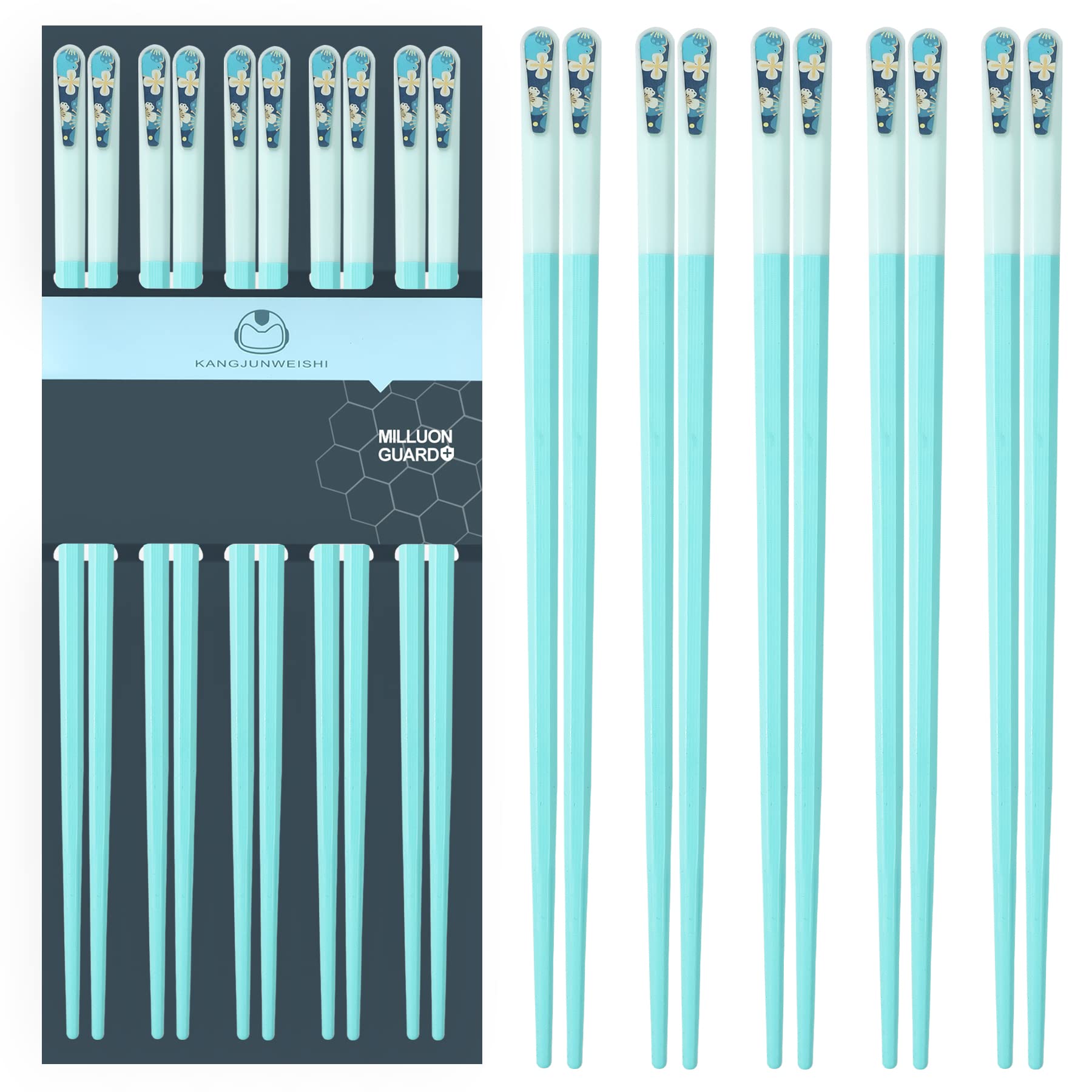 Slivek 5 Pairs Japanese Fiberglass Chopsticks, Reusable Premium Japanese Chinese Korean Chopsticks Dishwasher Safe, Non-slip, Lightweight, Blue, 9.5