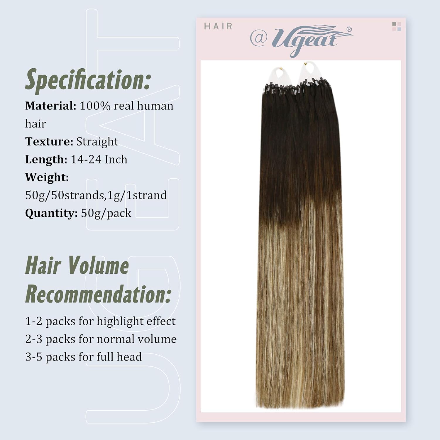 Ugeat Micro Ring Hair Extensions Brown Balayage Micro Link Hair Extensions Human Hair Brown to Light Blonde Balayage 14 Inch No Glue Needed 50G/50S #4/6/613 - Image 5