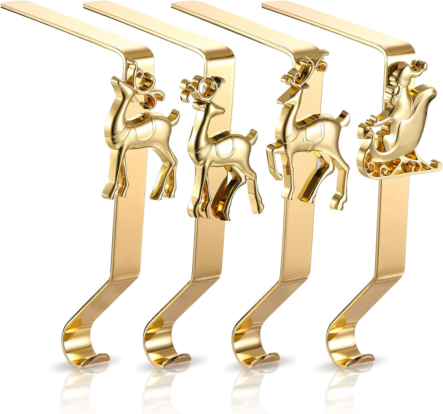 Ornament Hooks - Photect 4 Pieces Christmas Stocking Holders for Mantle Elk Stocking Hanging Hooks Metal Fireplace Decorations Non Slip Grip Stocking Holder Reindeer Stocking Hangers for Christmas Holiday (Gold)