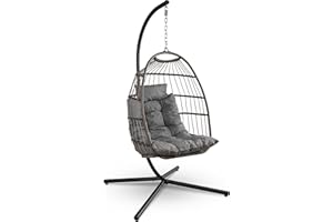 SereneLife Egg Chair with Stand – Hanging Rattan Wicker Swing for Indoor Outdoor Use – 350 lbs Capacity, Breathable Cushion & Headrest – Patio, Balcony, Porch, Bedroom Lounge Furniture