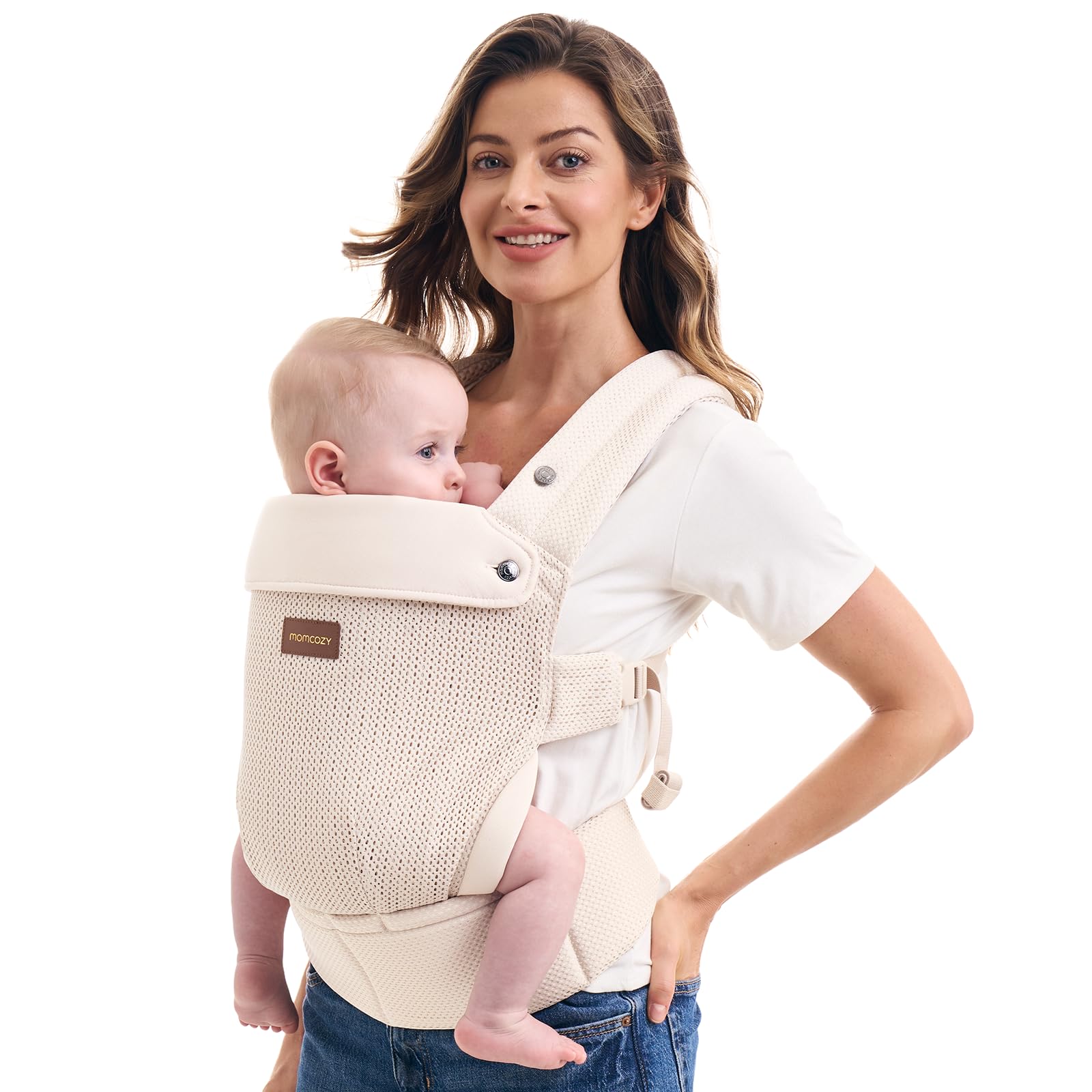 Photo 1 of Momcozy Breathable Baby Carrier, Ergonomic and Lightweight Infant Carrier for 7-45lbs with Enhanced Lumbar Support, All Day Comfort for Hands-Free Parenting, Air Mesh-Apricot