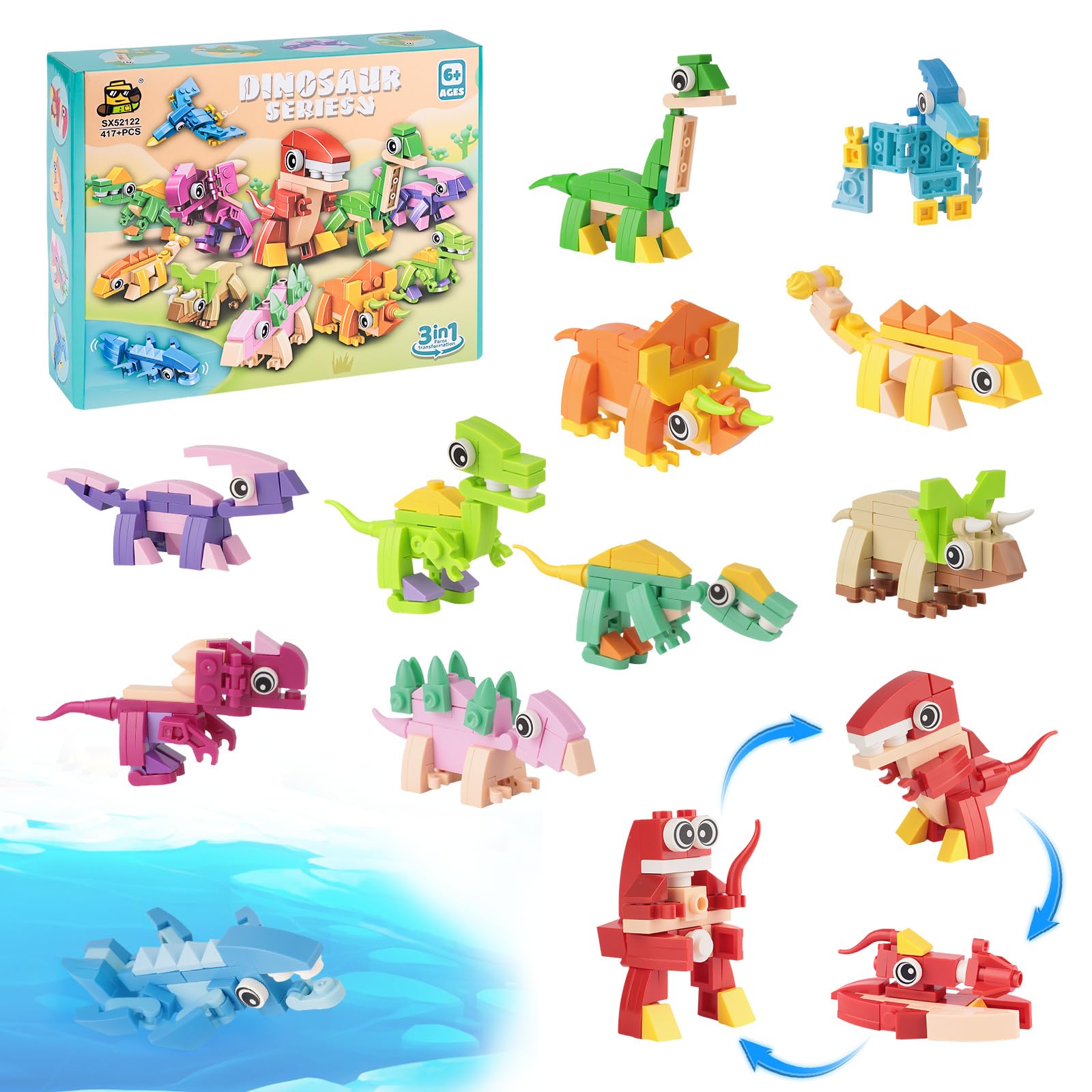 12pcs Mini Dinosaur Blocks Set - 3 in 1 Animals Blocks, Plastic Animal, Fidget Toys for Kids, Children Fillers Bag Calendar Gifts, Party Decorations Advent, Birthday Toys — image 1