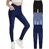 EXARUS Girls 3 Pack Jeggings Skinny/Flare Crossover Stretch Jeans High Waisted Pull on Casual School Pants Teens 8-14Y