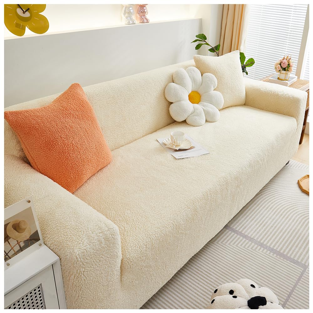 Axroad Mall Stretch Sofa Covers 1 2 3 4 Seater, Soft Thick Plush Sofa Cushion Covers, Washable Non-Slip Sofa Slipcovers with Elastic Strap, Furniture Protector for Kids, Pets (Beige, 1 Seater)