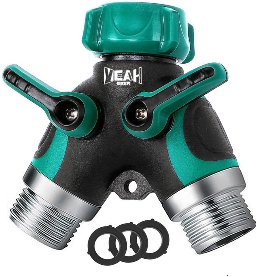 YEAHBEER Garden Hose Splitter,2 Way Hose Connector, with 3/4 Connector - Comfortable Rubberized Grip(3 Free Washers) (Green)