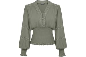 Scarlet Darkness Women's Renaissance Peasant Blouse V Neck Lantern Sleeve Lace Smocked Tops