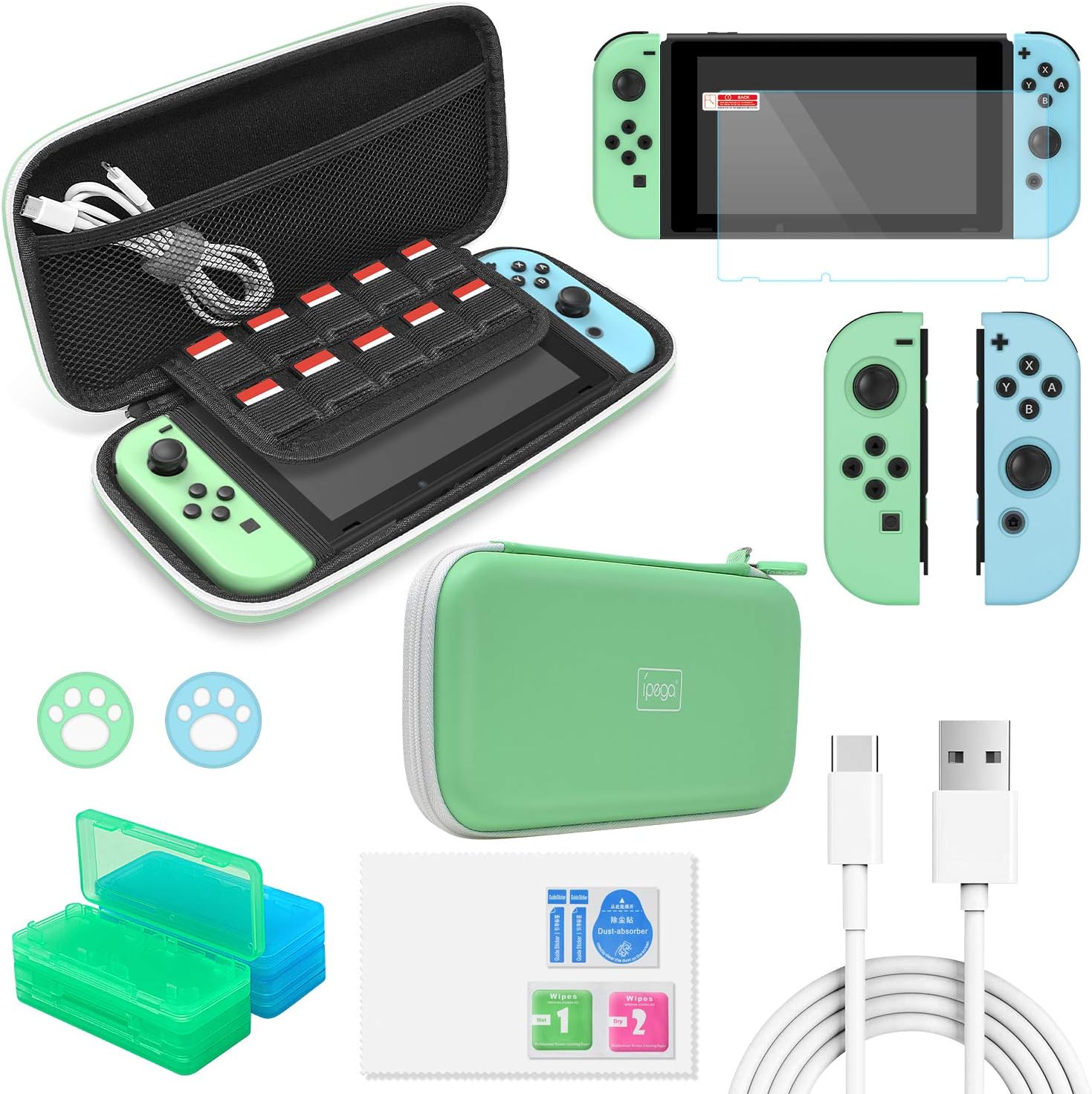 Accessories Kit Bundle for Switch,12 in 1 Essential Protection Kits with Carrying Case, Game Storage Case, Screen Protector, Silicone Cover Skin for Joy Con & Type C Charging Cable for Nintendo Switch: MP3 Players & Accessories