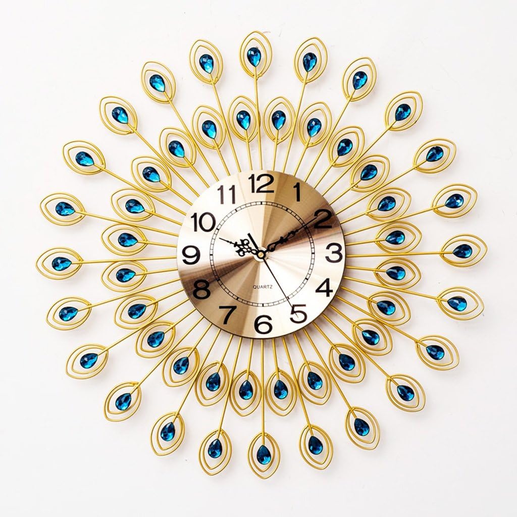 TIANTA- European - Style Home Peacock Crystal Diamond Iron Mute Hanging Clock Living Room Simple Creative Wall Stickers Hanging Watches decoration ( Color : Gold )