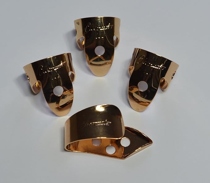 GENUINE GOLD PLATED METAL FINGER PICKS & REINFORCED THUMB PICK SET BY
