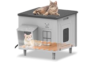 LXHEIR Tepoal Plastic Heated Cat House for Outside Winter, Weatherproof Outside Cats Shelter with Safety Escape Doors and Heating Pads, Elevated Feral Cat House for Wild and Stray Cats 17.7"x17"x17.5" (Grey)