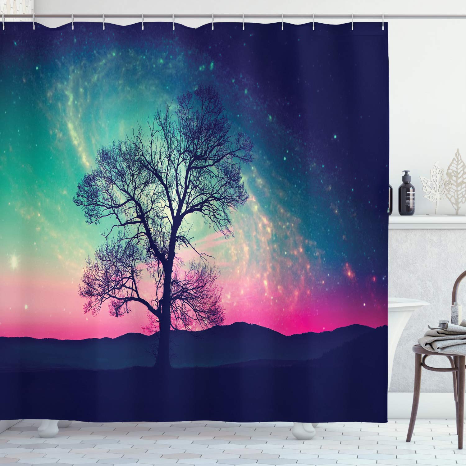 ABAKUHAUS Galaxy Shower Curtain, Vibrant Stars Space Cosmic Lonely Tree Aurora Borealis, Cloth Fabric Bathroom Decor Set with Hooks, 70 Inches, Pink Aqua Dark Blue