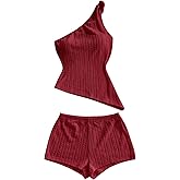 OYOANGLE Women's 2 Piece Outfits Pajama Sets Textured Knit One Shoulder Tank Top and Shorts Lounge Set
