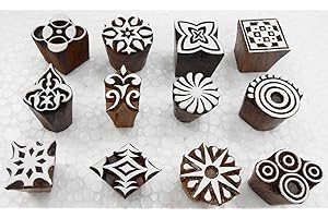 Crafts of India Wholesale Pack of 12 Wooden Block Printing Stamps for Textile Designing/Henna Tattoo/Crafts Printing Pattern for Saree/Home Decor