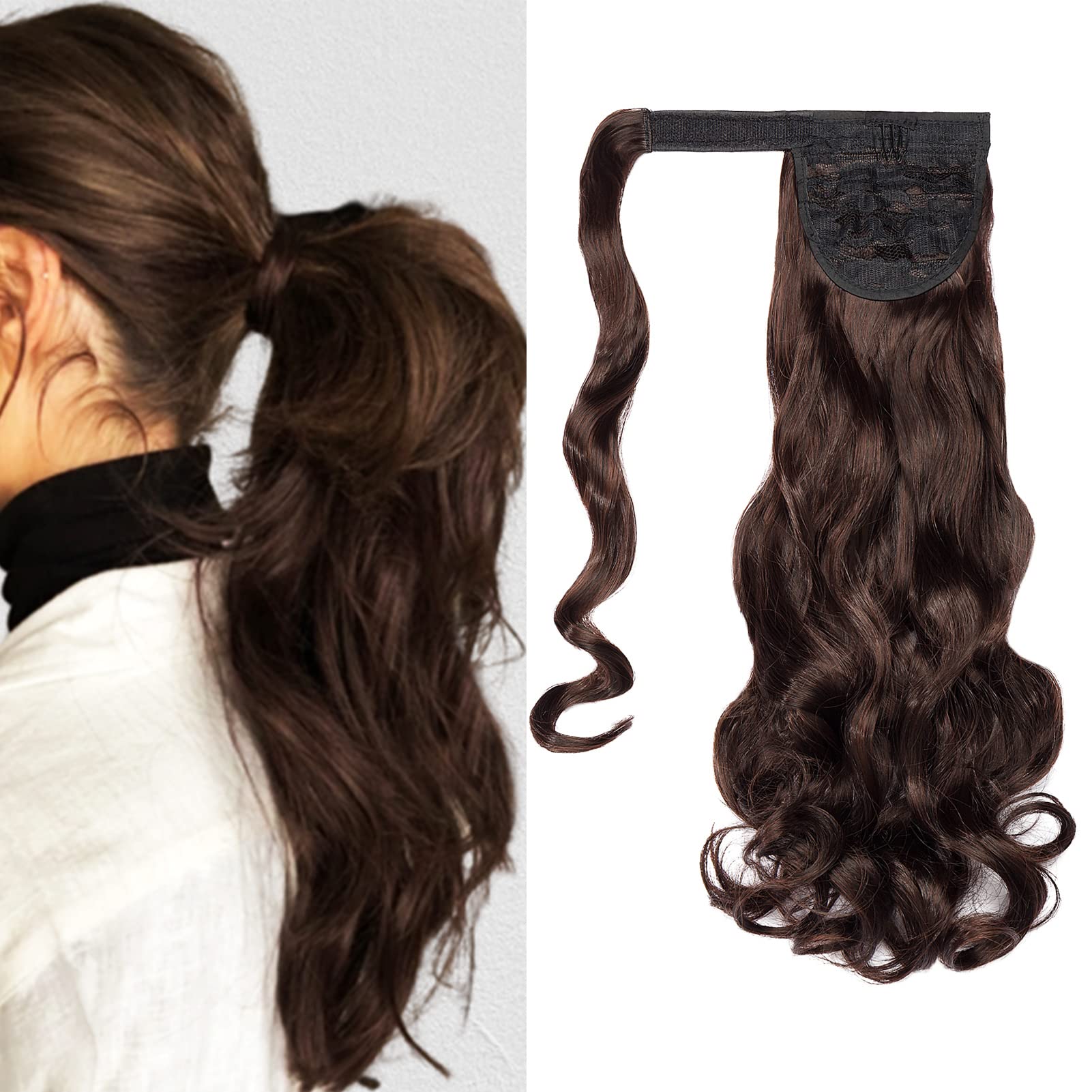 Cybelleza Ponytail Extension Curly Wavy Wrap Around Pony Tail Clip in Hair Extensions Hairpiece Synthetic Long for Women (Dark Brown&Dark Auburn) — image 1