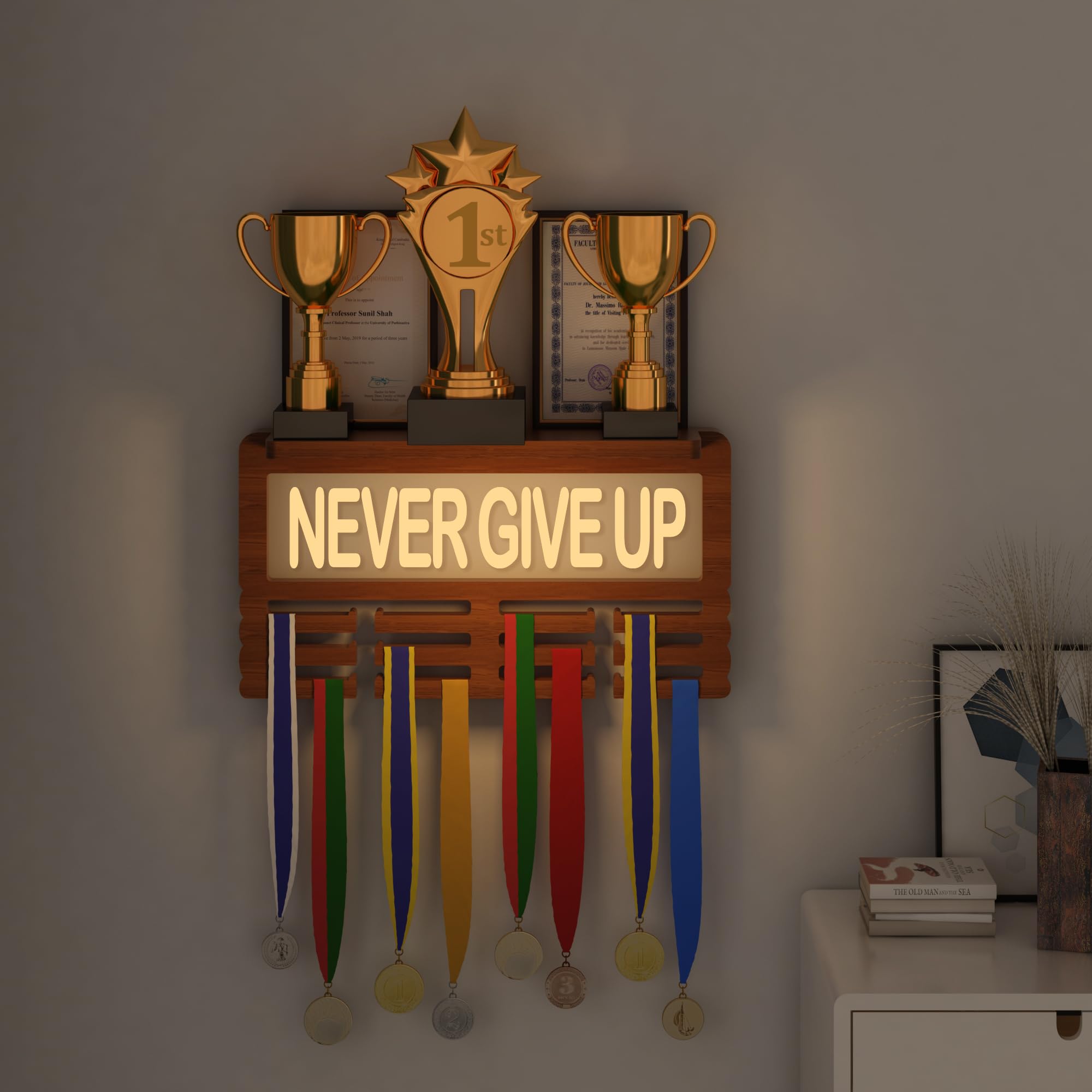Ammonite NEVER GIVE UP Light up Trophy and Medal Holder, Hanger Display Rack for Awards or Ribbons, Sports Themed Ribbon Holder for Wall, Tiered Award Rack
