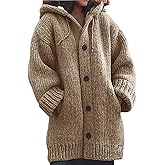 BSKNNET Fall Button Down Open Front Cardigan for Womens Casual Winter Long Sleeve Cable Knitted Hooded Sweaters Coats