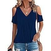 LEIYEE Womens Summer Cold Shoulder Tops Sexy Casual Short Sleeve V Neck Cute Front Knot Ruched Shirred T Shirt Blouse