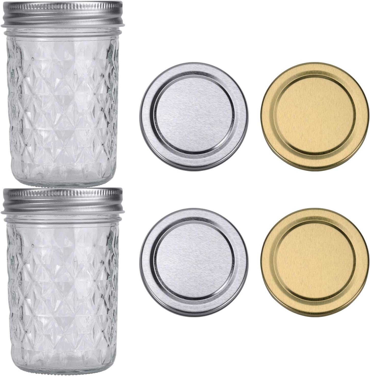 ShiJJ 8oz Mason Jars with Lids Wide Mouth Jars Jelly Jars 2 Pack with 2 Silver Lids + 2 Gold Lids Half Pint Mason Jar Ideal for Canning Food Storage