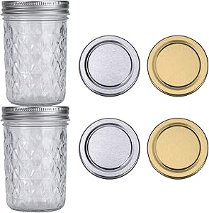 ShiJJ 8oz Mason Jars with Lids Wide Mouth Jars Jelly Jars 2 Pack with 2 Silver Lids + 2 Gold Lids Half Pint Mason Jar Ideal for Canning Food Storage