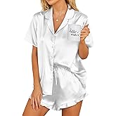 Ekouaer Womens Satin Pajamas Set Button Down 2 Piece Silk Pjs Shorts Set Ruffle Lingerie Notch Collar Sleepwear