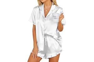 Ekouaer Womens Satin Pajamas Set Button Down 2 Piece Silk Pjs Shorts Set Ruffle Lingerie Notch Collar Sleepwear