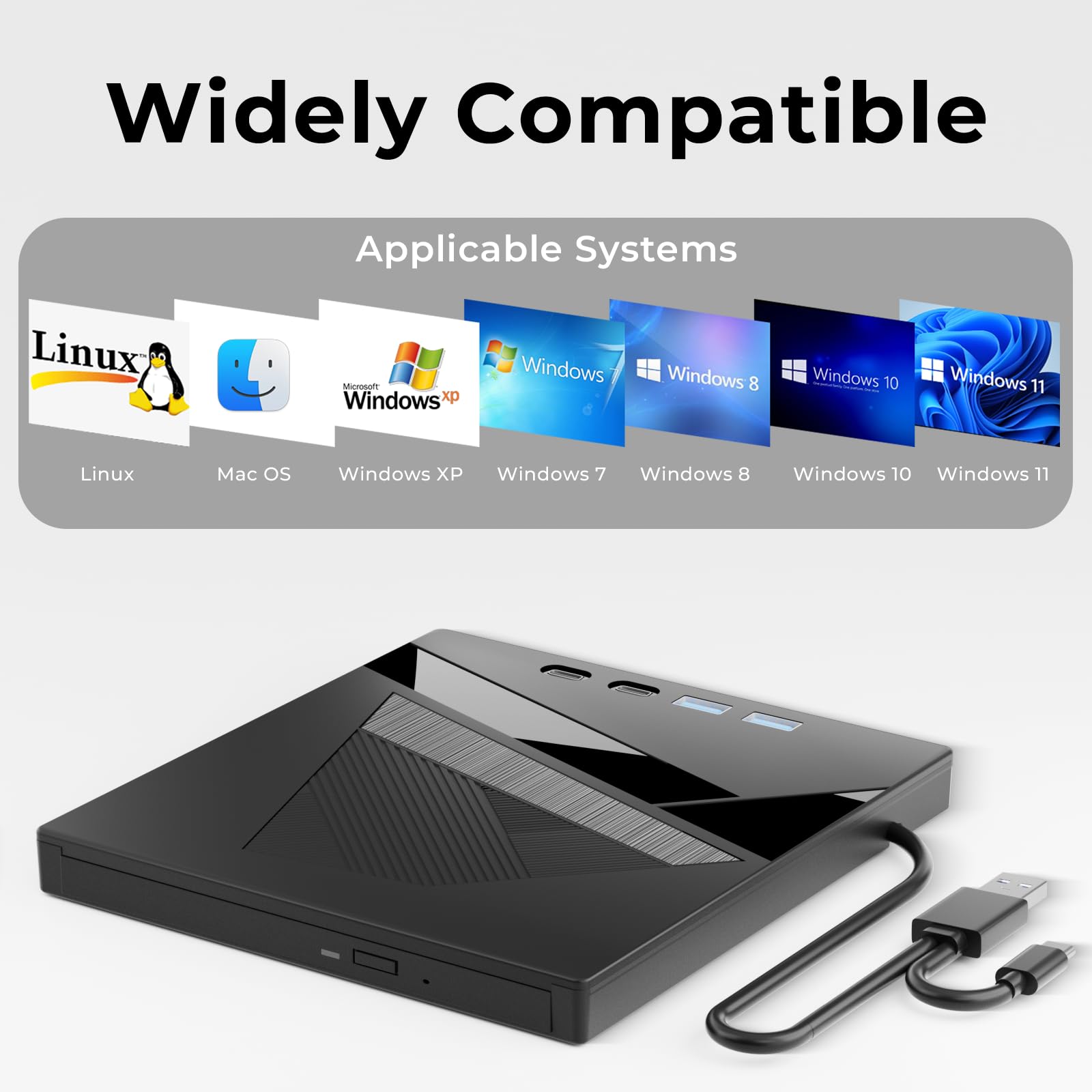 External DVD Drive, 7-in-1 External CD/DVD Drive for Laptop, USB DVD Burner with SD/TF Port, USB 3.0&Type-C CD ROM External Drive for Laptop Desktop PC Windows XP/7/8/10 Linux MacOS