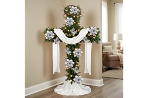 LaRandom 7.5 ft Cross Christmas Tree with Lights Prelit Artificial Pencil Christmas Cross Tree with Crown of Thorns White Poinsettia Flowers Treeskirt and Simply for Holiday Church Home Decor