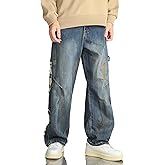 KODEIPLAY Barrel Baggy Jeans for Men y2k Mens Jeans Relaxed Fit Hip Hop High Waisted Long Trousers Loose Wide Leg Denim Pants