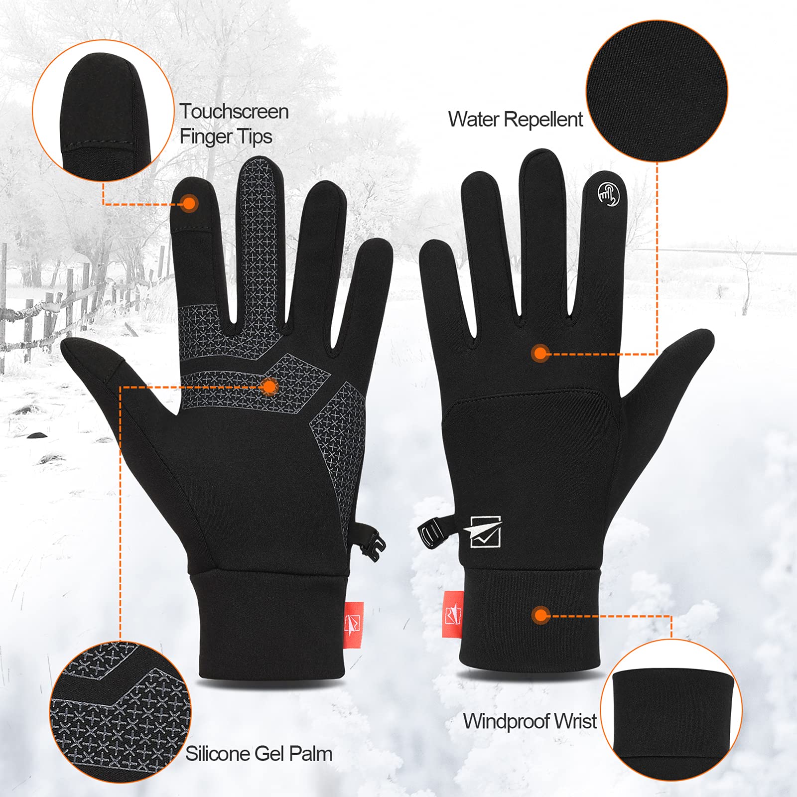 TOLEMI Thermal Gloves, Winter Gloves Running Warm Liner Gloves Anti-slip Touch Screen Gloves for Men Women Sport Walking Riding Driving Cycling