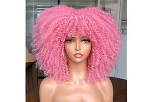 CURLCRAZY Curly Wig with Bangs for Black Women Short Kinky Curly Wig 14inch Afro Hair Halloween Party Christmas Cosplay Wigs (Pink)