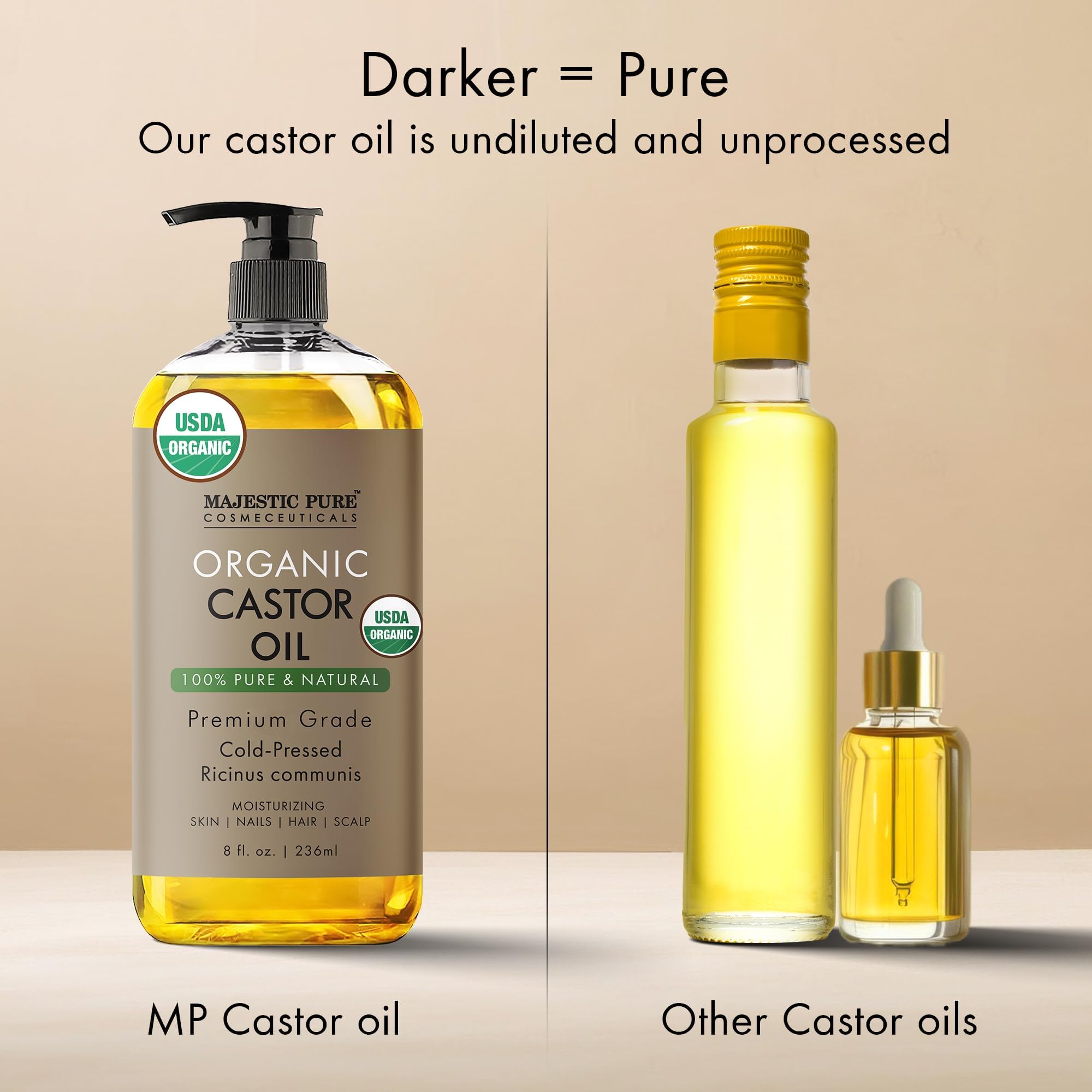 Majestic Pure USDA Organic Castor Oil - 100% Pure & Natural - Premium Grade, Cold Pressed, Hexane Free - Hair, Eyelashes, Eyebrows, Nails - Moisturizing & Nourishing - 8 Fl Oz