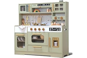 Kids Wooden Play Kitchen Set – Realistic Pretend Play Kitchen with Stove, Sink, Coffee Maker, Ice Maker & 15 Fun Accessories 