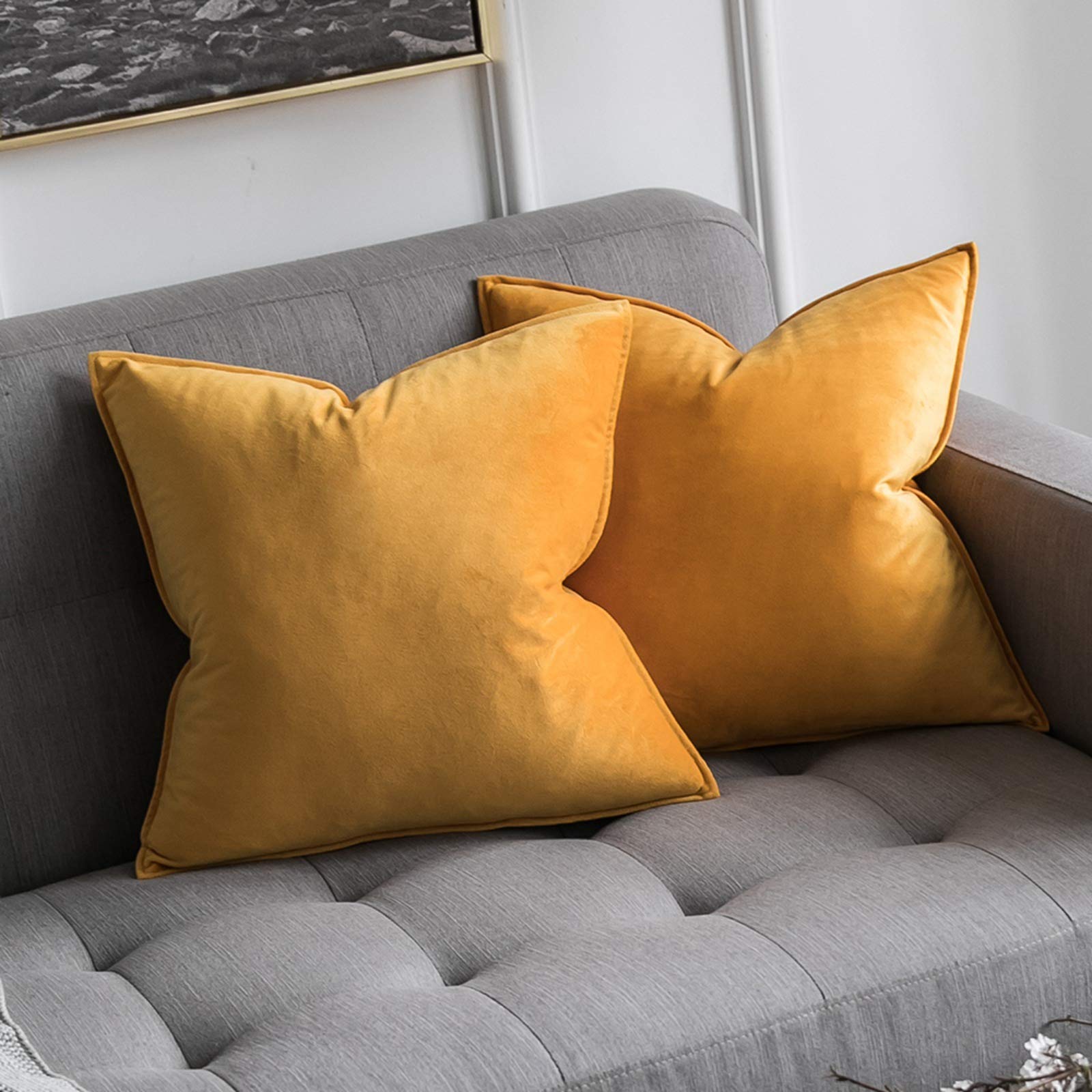 MIULEE Velvet Cushion Covers 40cm x 40cm Bright Yellow Decorative Square Throw Pillow Covers Flanges Pillowcases Soft for Livingroom Sofa Bedroom with Invisible Zipper 16 x 16 Inch Pack of 2